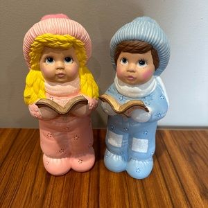 VTG Boy Girl Ceramic Christmas Carolers Pastel Singing book